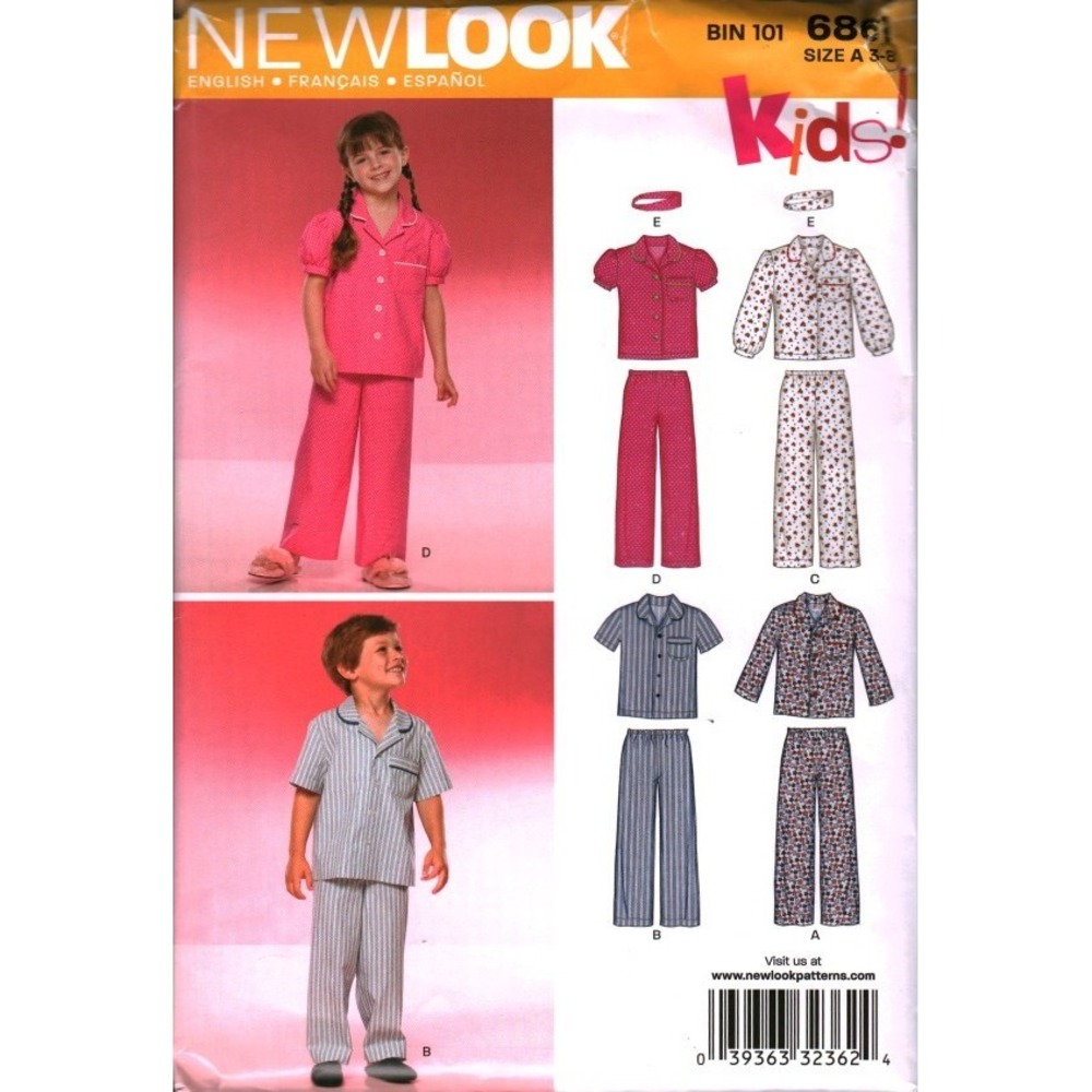 New Look 6861 Kids Pajamas Sewing Pattern Size A 3-8 Boys Girls Sleepwear Set